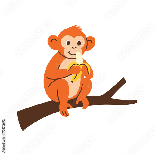 A playful monkey, depicted in a vibrant 2D flat vector illustration, is happily sitting on a green tree branch, enjoying a yellow banana against a clean white background.