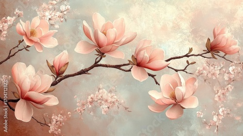 Delicate pink magnolia flowers blooming on slender branches with soft pastel background conveying calm and gentle beauty
