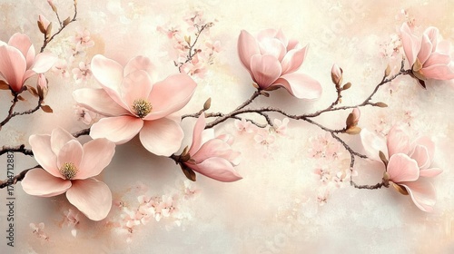 Delicate pale pink magnolia flowers blooming on textured branches against a soft pastel background conveying tranquility and elegance
