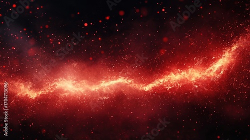 Bright glowing red and orange fiery particles and smoke forming a horizontal streak across a dark background with scattered sparks creating an intense energetic atmosphere