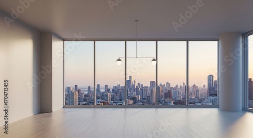 Modern Office Space with City View at Sunset.