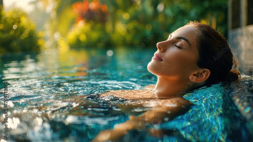 Fototapeta premium Young woman relaxing in tranquil outdoor pool, serene expression, lush tropical background, peaceful water, natural sunlight