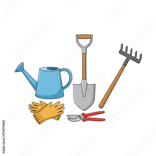 Vector illustration set of cartoon gardening equipment with shovel, rake, gloves, shears, and watering can for horticultural work