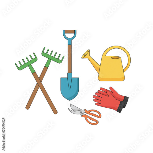 A colorful cartoon collection of essential gardening tools including a shovel, rakes, watering can, gloves, and shears isolated on white