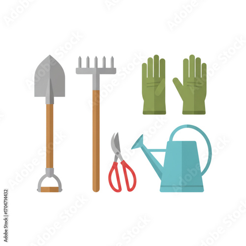 A collection of essential gardening tools for horticulture and hobbies, featuring a shovel, rake, gloves, shears, and watering can in a flat vector style