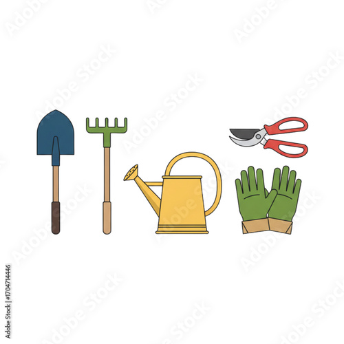 A flat design vector illustration set of essential gardening tools including a shovel, rake, watering can, pruners, and gloves for horticulture
