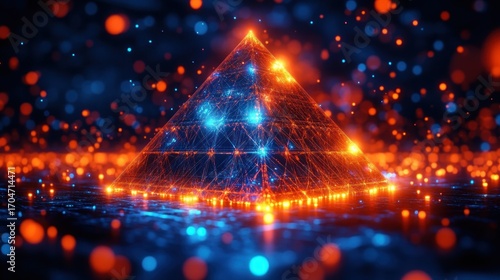 Glowing digital pyramid with orange and blue interconnected light nodes in a dark futuristic environment evoking advanced technology and innovation