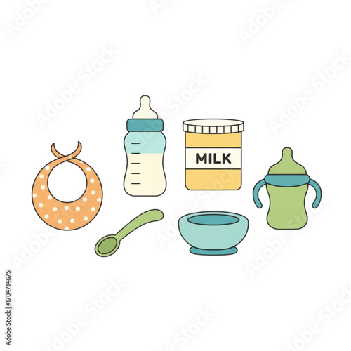 A colorful collection of essential baby feeding items, including a milk bottle, bib, sippy cup, bowl, and spoon, depicted in a simple flat icon style