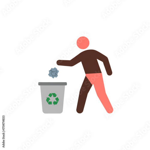 Flat icon of a person throwing crumpled paper into a recycling bin, symbolizing waste management and environmental conservation