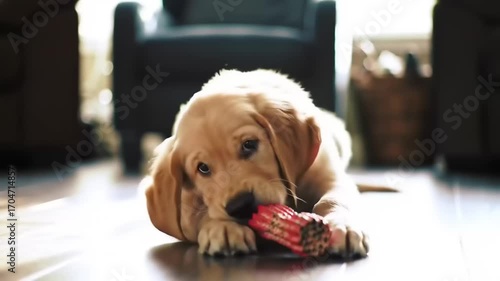 Adorable puppy playing with toy