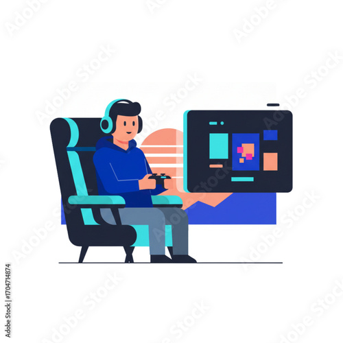 A concentrated male gamer in a blue hoodie and headphones sits in a professional gaming chair, deeply immersed in a virtual competition