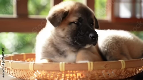 Adorable puppy resting in a woven basket