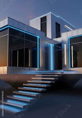 Contemporary Home with Striking Neon Accents at Dusk Atmosphere