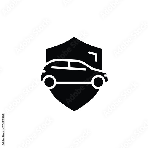 Shield and car icon. Simple glyph style. Safety, protect, safe, secure, vehicle, auto, transport, insurance concept. Silhouette, solid symbol. Isolated design.