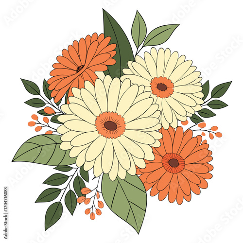 Vibrant daisies arrangement featuring orange and pale yellow blossoms with leaves creates a pretty bouquet