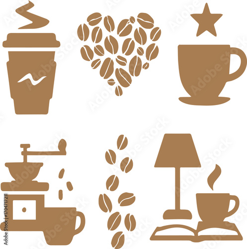 Vector illustration of Coffee Icons: Cup, Heart, Grinder, Lamp, Book, and Beans