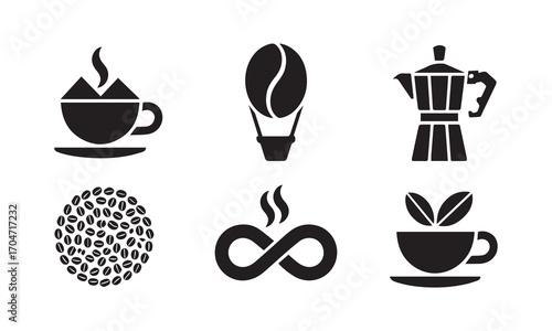 Vector illustration of Coffee Icons: Cup, Hot Air Balloon, Moka Pot, Beans, Infinity, Leaves
