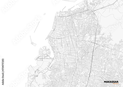 A detailed close-up vector map of Makassar's highway interchange and road network in black and white outline style.