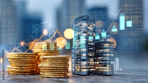 Coins, graph, and buildings suggest finance, investment, and urban growth