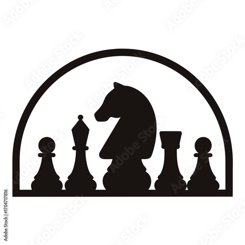 Black chess pieces are neatly arranged under the arch, displayed on transparent background