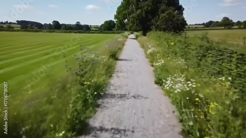 Rural pathway through green fields