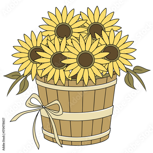 Fresh sunflower blooms fill a rustic wooden bucket tied with a charming cream ribbon