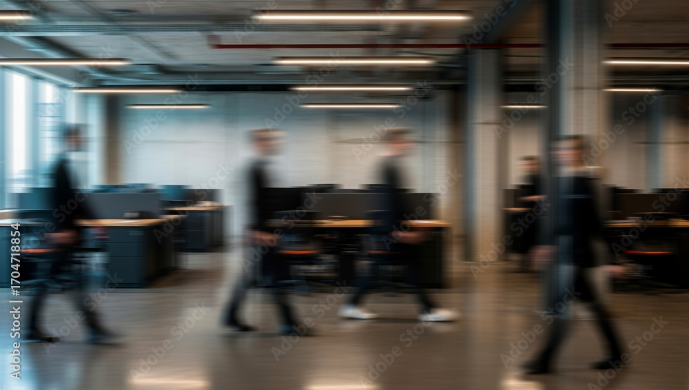 Fototapeta premium Blurred people walking in a contemporary office space with desks and interior lighting, giving a sense of teamwork, urban lifestyle, and constant movement.