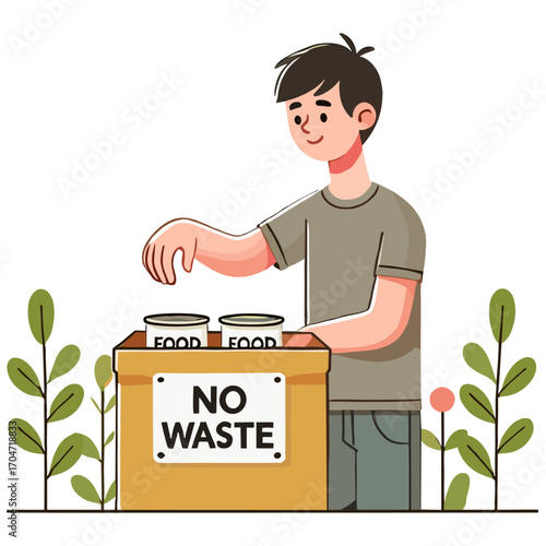 Young Man Throwing Food Waste into No Waste Box Illustration