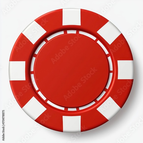 A close-up view of a red poker chip with white accents on a plain white background, showing a clean and polished gaming token