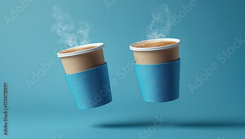 Two steaming hot coffee cups with blue sleeves floating against a blue background conveying warmth and freshness