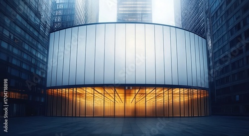 Modern circular glass building with glowing warm interior lighting surrounded by tall dark skyscrapers in a city plaza under a foggy sky