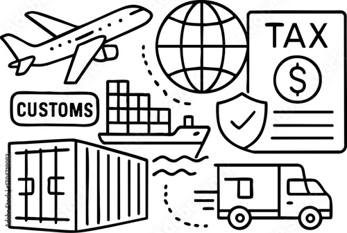 E commerce business tax concept with customs shipping airplane and global logistics icon