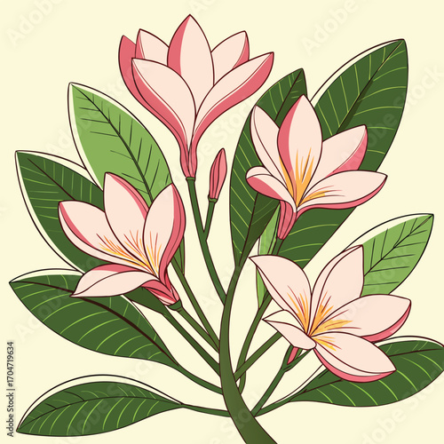 Plumeria flowers with leaves create a beautiful botanical design against a lightyellow background