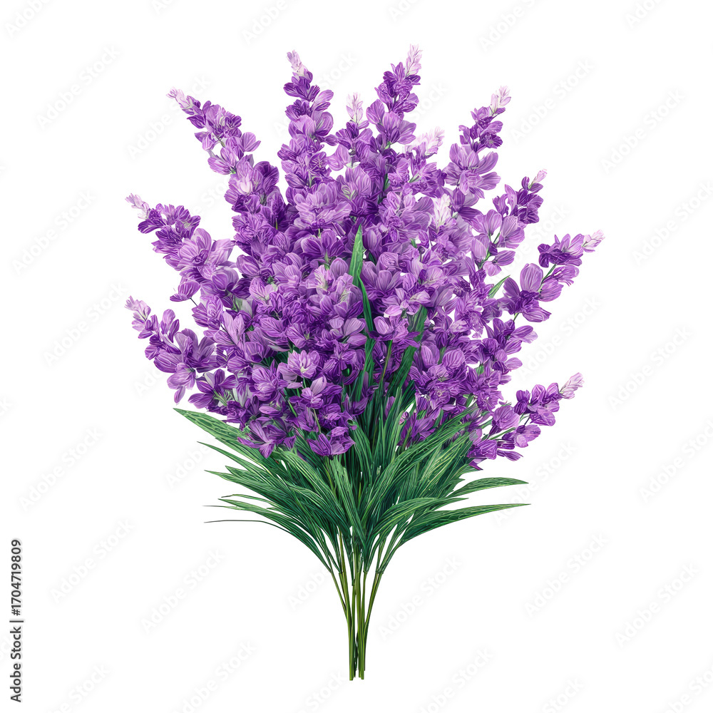 Obraz premium Purple lavender bouquet with green stems on a clean white background. Centered botanical arrangement. Calm wellness and natural freshness. Ideal for spa branding, packaging