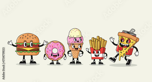 A cheerful group of retro cartoon fast food characters, featuring a happy burger, pizza, donut, fries, and ice cream friends