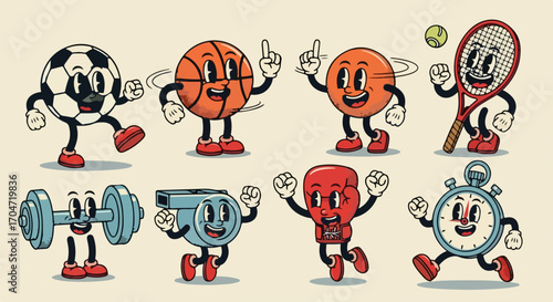A vibrant collection of retro cartoon sports characters, including a cheerful soccer ball, basketball, and other athletic equipment mascots