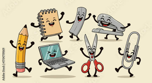 A cheerful collection of cartoon stationery characters with smiling faces, representing a fun back to school or creative teamwork concept
