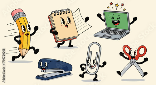Set of retro cartoon office supply characters running and smiling. A fun and energetic mascot collection for creative projects and education