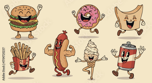 A joyful collection of retro cartoon fast food characters, featuring a happy hamburger, donut, fries, and soda in a vintage animated style
