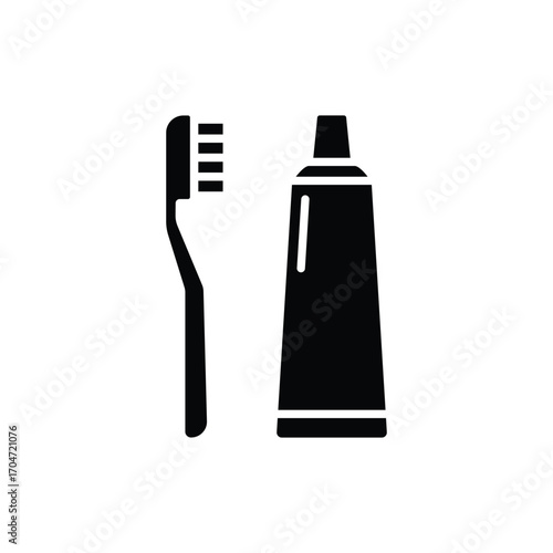 Toothbrush and toothpaste icon. Simple glyph style. Toiletries, brush, tooth, paste, hygiene, oral, health, bathroom, dentist care concept. Silhouette, solid symbol. Isolated design.