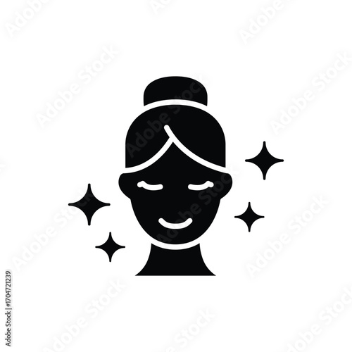 Aesthetic cosmetology icon. Simple glyph style. Shiny skin, anti age skin care, happy woman, plastic surgery clinic concept. Silhouette, solid symbol. Isolated design.