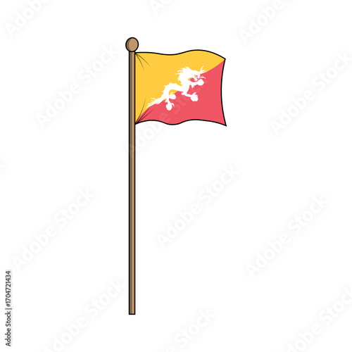 National Flag of Bhutan Featuring a Dragon on a Pole