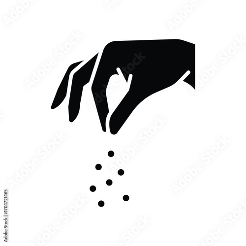 Sprinkling hand gesture icon. Simple glyph style. Condiment, salt, sugar, spice, seasoning, pinch, pick, chef, sprinkle, pepper, food concept. Silhouette, solid symbol. Isolated design.