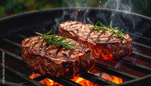 Two steaks grill over hot flames, with grill marks and rosemary. Smoke rises from the cooking meat