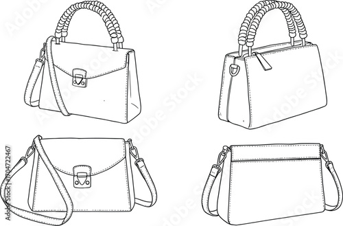 Handbag front and back view, braided handle, buckle and zipper closure, fashion CAD drawing, flat vector illustration, accessory template