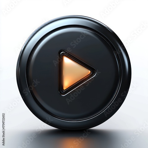 shiny black circular button with a glowing orange play symbol in the center against a white background