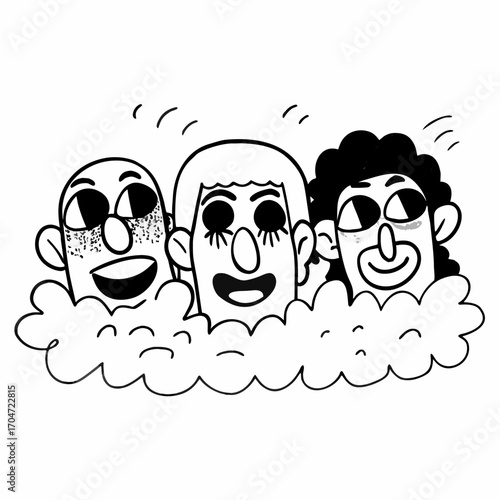 A quirky doodle sketch of expressive human faces with exaggerated features, playful black and white line art.