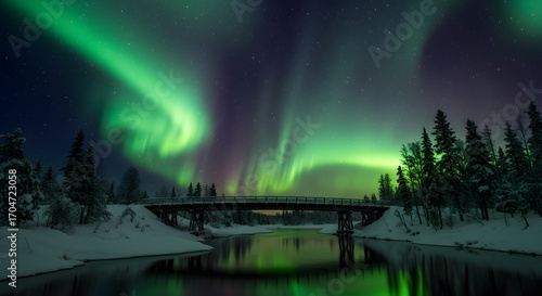 Vibrant Aurora Borealis over Winter River and Bridge, Northern Lights Reflection in Snowy Landscape