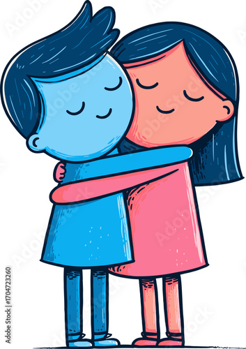 Young friends happily embrace each other in a cheerful isolated on transparent background. Vector illustration.