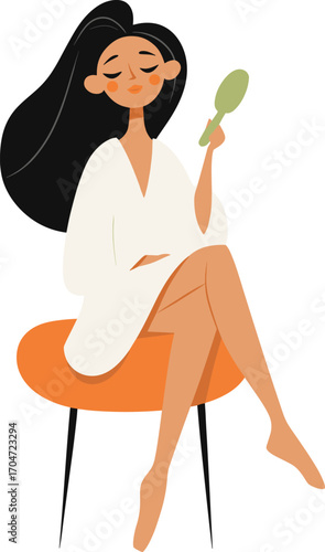 Woman in a white robe holding a mirror while seated on a stylish chair isolated on transparent background. Vector illustration.